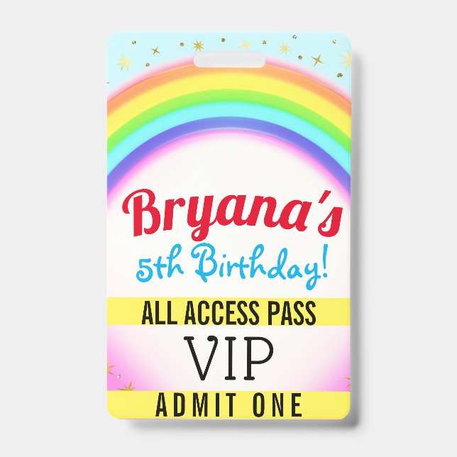 Rainbow Party Sparkle VIP Pass Birthday Party Badge (Front)