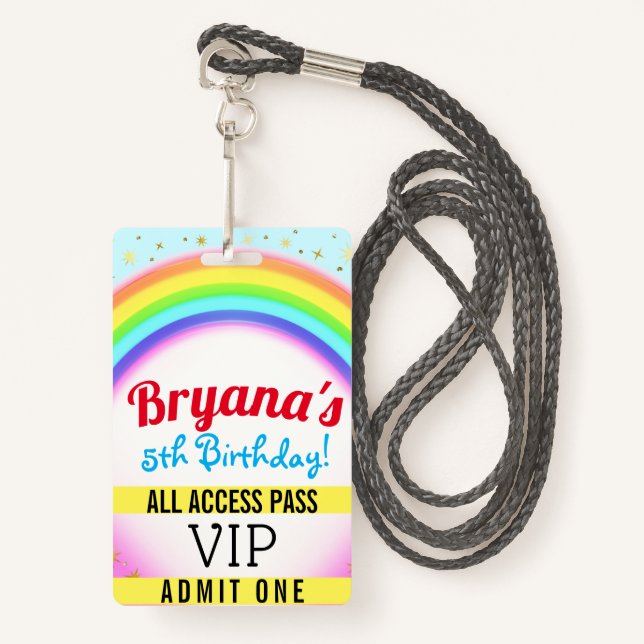 Rainbow Party Sparkle VIP Pass Birthday Party Badge (Front with Lanyard)