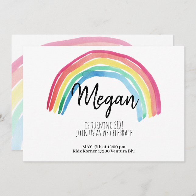 RAINBOW PARTY,WATERCOLOR RAINBOW BIRTHDAY, SIMPLE INVITATION (Front/Back)