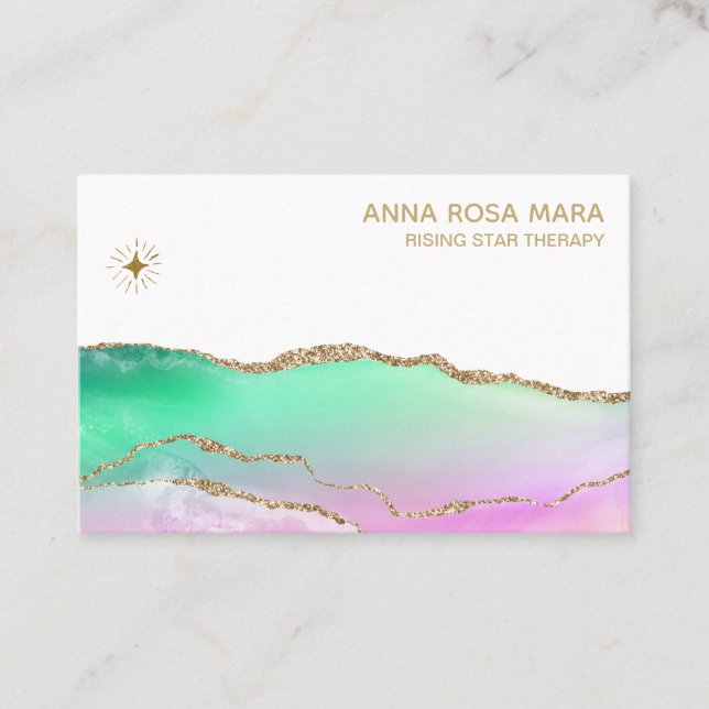 *~ Rainbow Pastel Agate Gold Glitter Vein Star Sun Business Card (Front)