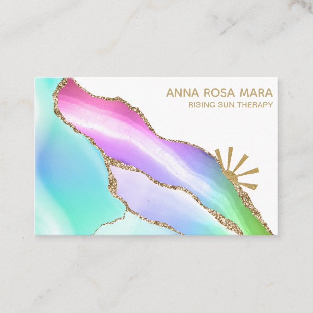 *~* Rainbow Pastel Agate White Gold Glitter Vein Business Card (Front)