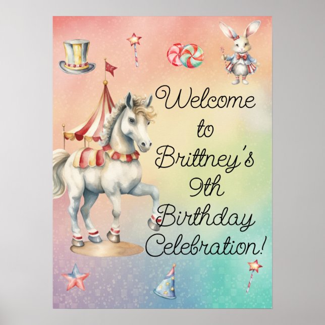 Rainbow Pastel Animals 9th Birthday Party Welcome Poster (Front)