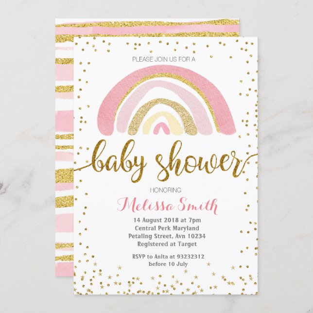 Rainbow pastel baby shower Invitation card girl (Front/Back)