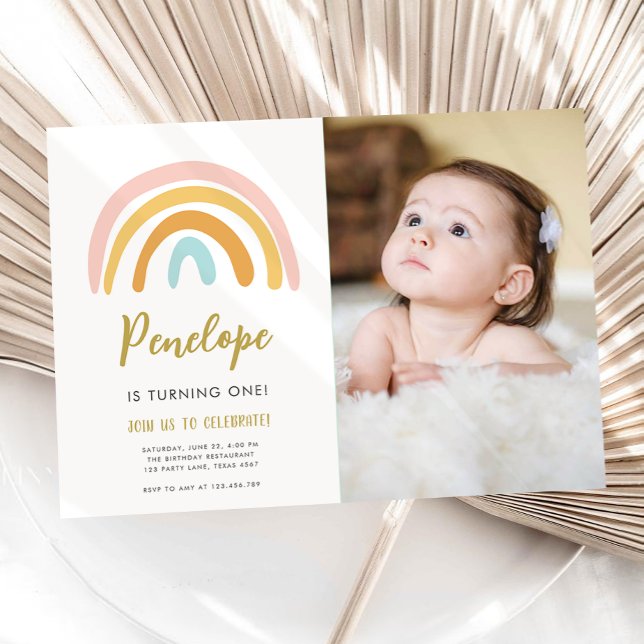 Rainbow Pastel Boho Muted Pink Girl First Birthday Invitation (Creator Uploaded)