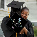 Rainbow Pastel Butterflies Graduation Cap Topper<br><div class="desc">Trendy butterfly themed graduation cap topper featuring a stylish black background that can be changed to any color,  pretty pastel butterflies,  the word "GRADUATE" in rainbow colors,  the students name,  and class year.</div>