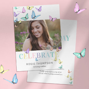 Rainbow Pastel Butterflies Photo Birthday Party Invitation