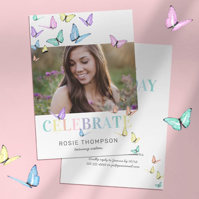 Rainbow Pastel Butterflies Photo Birthday Party Invitation (Creator Uploaded)