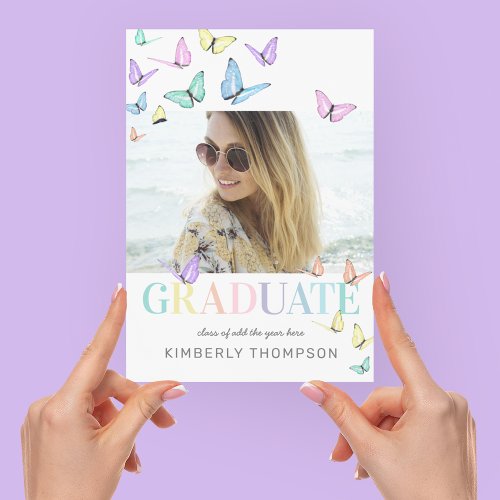 Rainbow Pastel Butterflies Photo Graduation Party Invitation