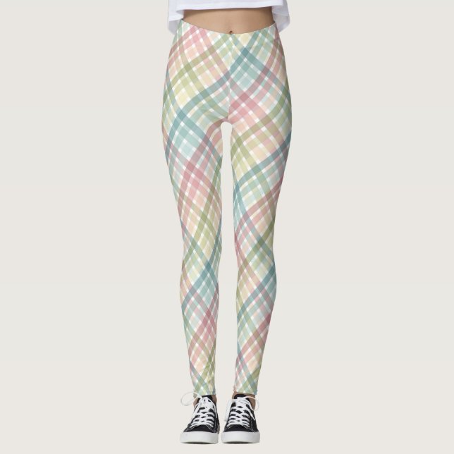 Rainbow pastel colorful plaid pattern leggings (Front)