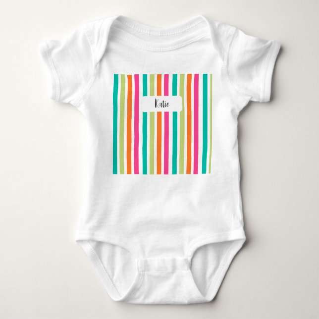 Rainbow pastel colors retro vertical stripes baby bodysuit (Front)