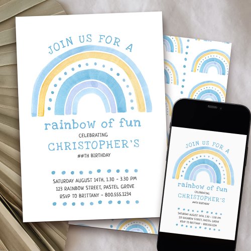 Rainbow Pastel Doodle Art Boys Birthday Invitation