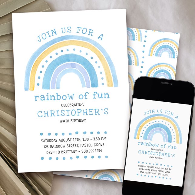 Rainbow Pastel Doodle Art Boys Birthday Invitation (Rainbow of Fun 1st birthday invitation)