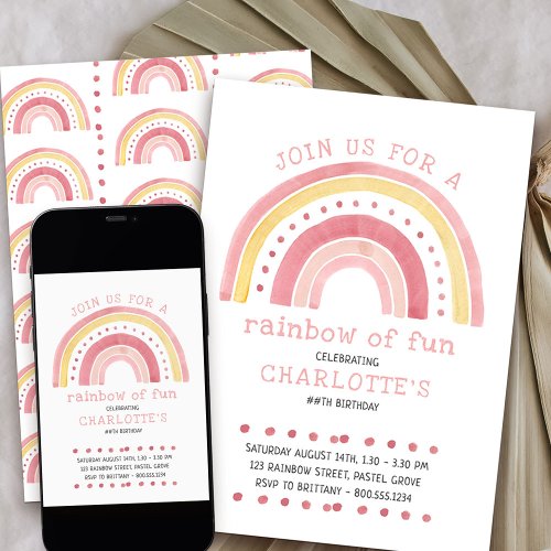 Rainbow Pastel Doodle Art Girls Birthday Invitation