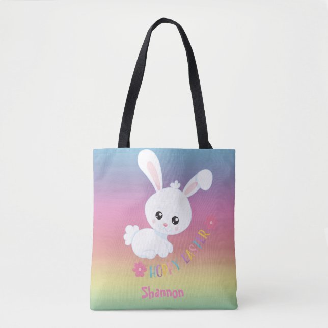 Rainbow Pastel Easter Bunny Child's Personalized Tote Bag (Front)