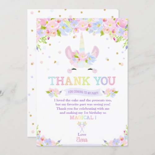 Rainbow Pastel Floral Unicorn Birthday Thank You Invitation