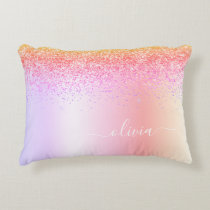 Rainbow Pastel Girly Glitter Metal Monogram Name Accent Pillow