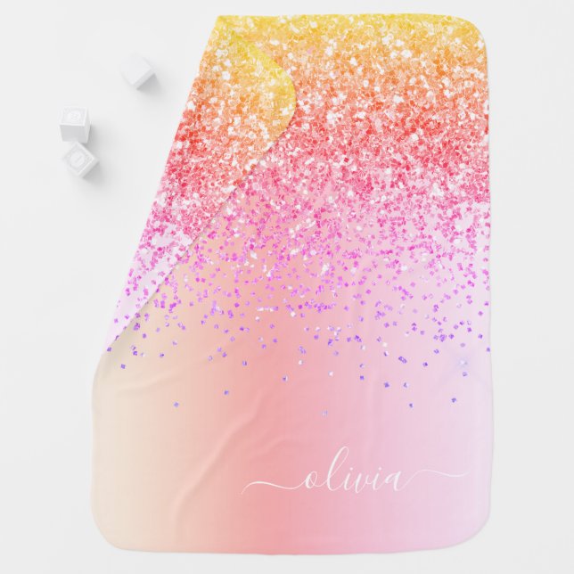 Rainbow Pastel Girly Glitter Metal Monogram Name Baby Blanket (In Situ)