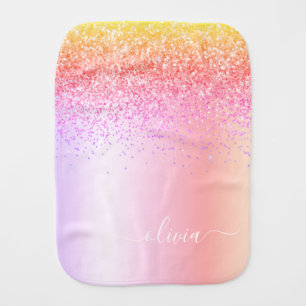 Rainbow Pastel Girly Glitter Metal Monogram Name Baby Burp Cloth
