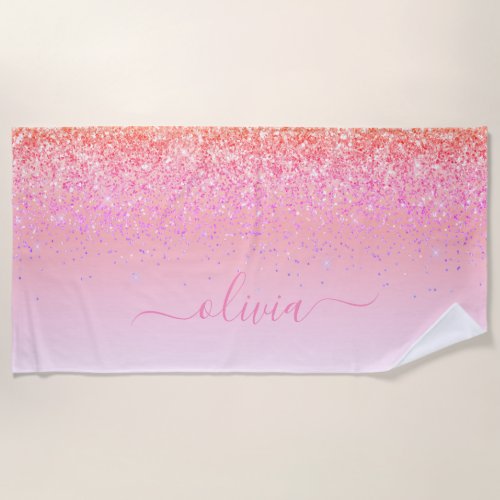 Rainbow Pastel Girly Glitter Metal Monogram Name Beach Towel