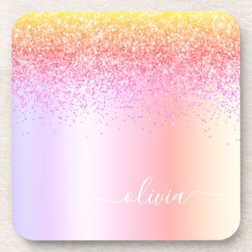 Rainbow Pastel Girly Glitter Metal Monogram Name Beverage Coaster
