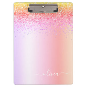 Rainbow Pastel Girly Glitter Metal Monogram Name Clipboard
