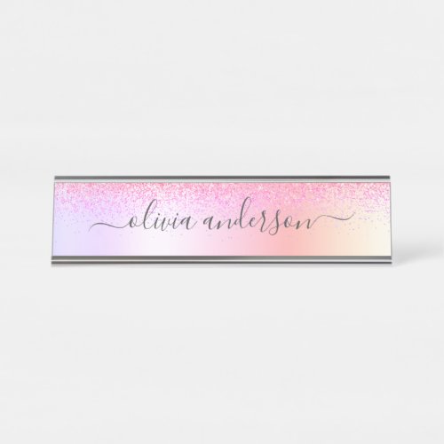Rainbow Pastel Girly Glitter Metal Monogram Name Desk Name Plate