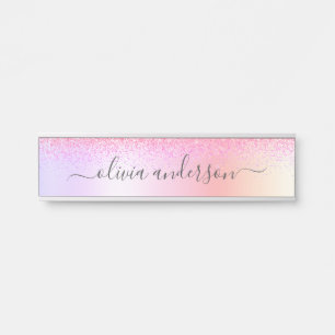 Rainbow Pastel Girly Glitter Metal Monogram Name Door Sign