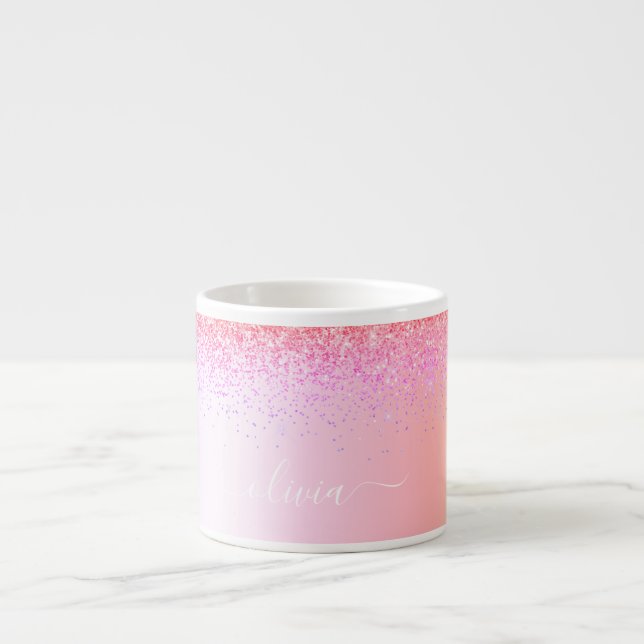 Rainbow Pastel Girly Glitter Metal Monogram Name Espresso Cup (Front)