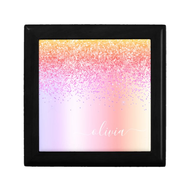 Rainbow Pastel Girly Glitter Metal Monogram Name Gift Box (Front)