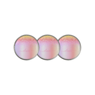 Rainbow Pastel Girly Glitter Metal Monogram Name Golf Ball Marker