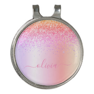Rainbow Pastel Girly Glitter Metal Monogram Name Golf Hat Clip