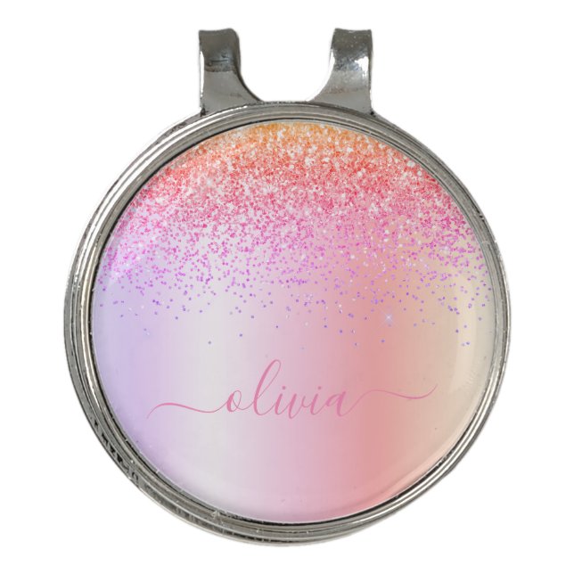 Rainbow Pastel Girly Glitter Metal Monogram Name Golf Hat Clip (Front)