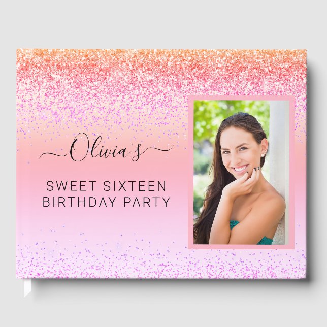Rainbow Pastel Girly Glitter Metal Monogram Name Guest Book (Front)