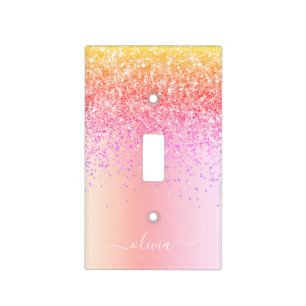 Rainbow Pastel Girly Glitter Metal Monogram Name Light Switch Cover