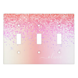 Rainbow Pastel Girly Glitter Metal Monogram Name Light Switch Cover