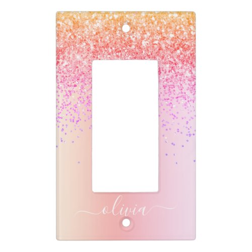 Rainbow Pastel Girly Glitter Metal Monogram Name Light Switch Cover