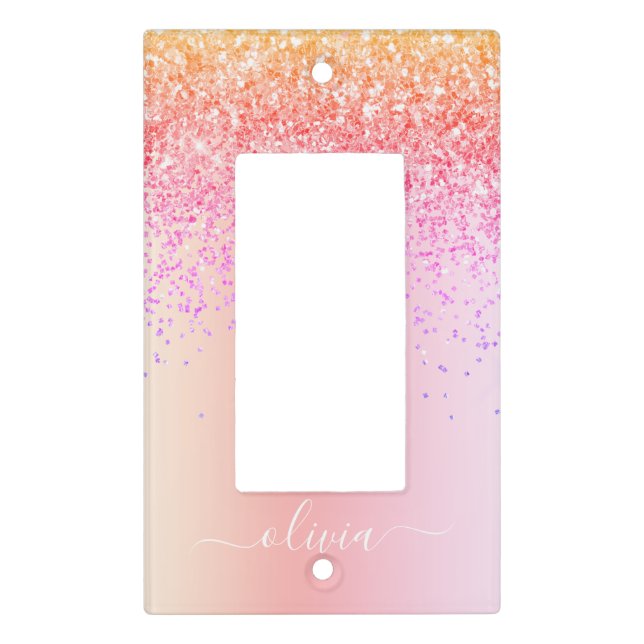 Rainbow Pastel Girly Glitter Metal Monogram Name Light Switch Cover (Front)