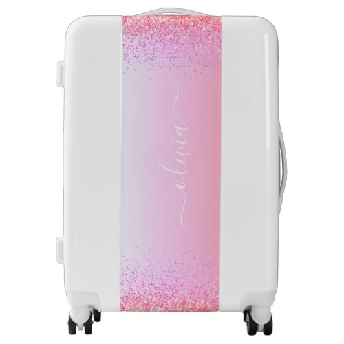 Rainbow Pastel Girly Glitter Metal Monogram Name Luggage