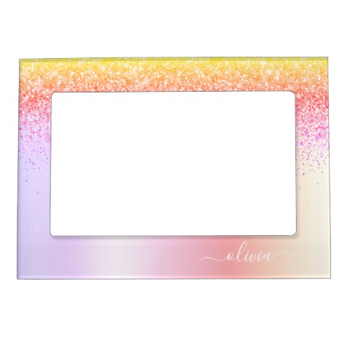 Rainbow Pastel Girly Glitter Metal Monogram Name Magnetic Frame