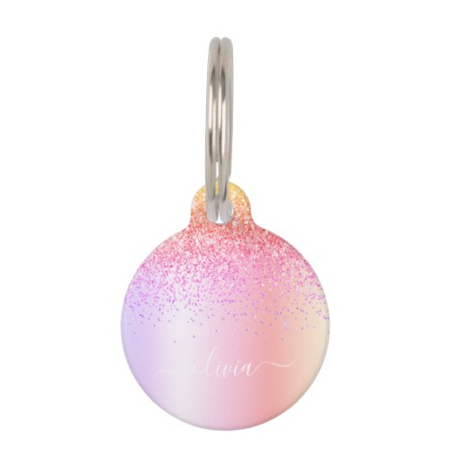 Rainbow Pastel Girly Glitter Metal Monogram Name Pet ID Tag