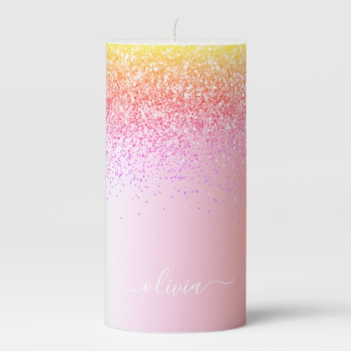 Rainbow Pastel Girly Glitter Metal Monogram Name Pillar Candle