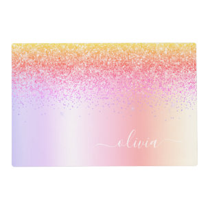 Rainbow Pastel Girly Glitter Metal Monogram Name Placemat