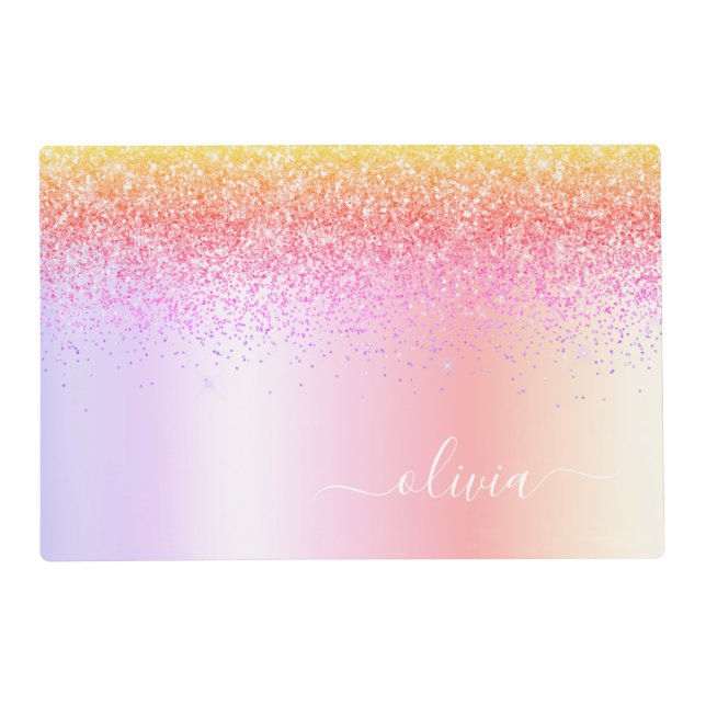 Rainbow Pastel Girly Glitter Metal Monogram Name Placemat (Front)