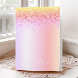 Rainbow Pastel Girly Glitter Metal Monogram Name Pocket Folder
