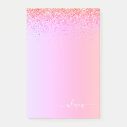 Rainbow Pastel Girly Glitter Metal Monogram Name Post_it Notes