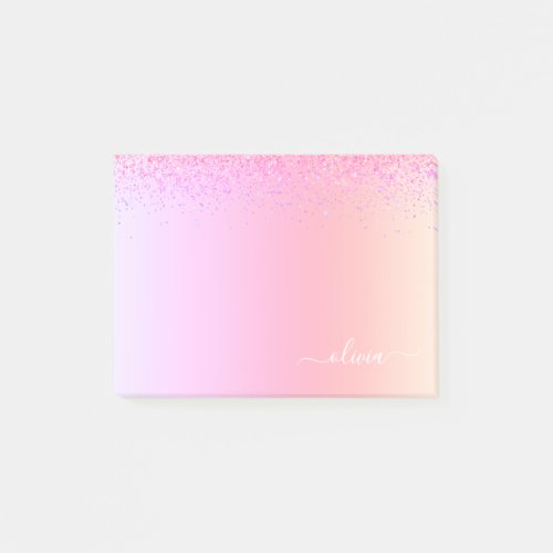 Rainbow Pastel Girly Glitter Metal Monogram Name Post_it Notes