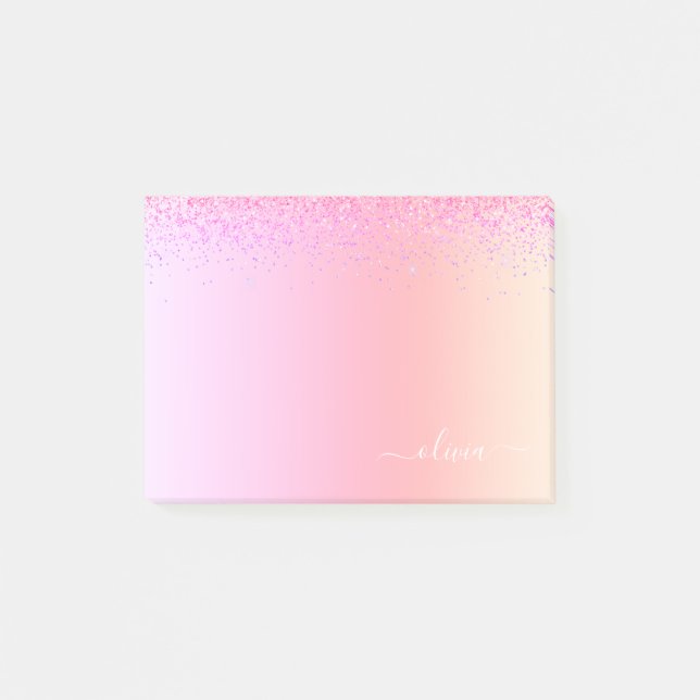 Rainbow Pastel Girly Glitter Metal Monogram Name Post-it Notes (Front)