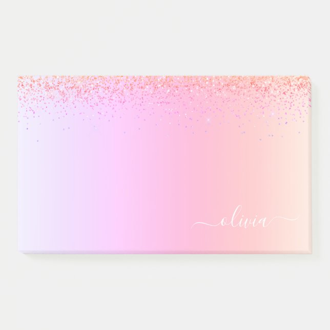 Rainbow Pastel Girly Glitter Metal Monogram Name Post-it Notes (Front)