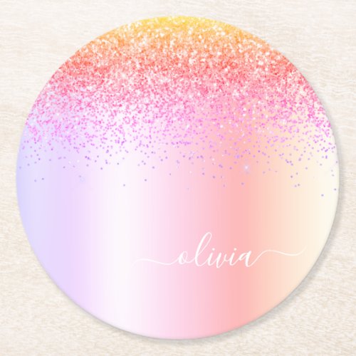 Rainbow Pastel Girly Glitter Metal Monogram Name Round Paper Coaster