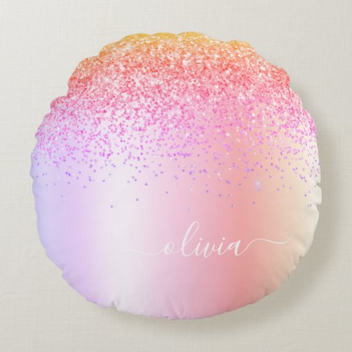 Rainbow Pastel Girly Glitter Metal Monogram Name Round Pillow